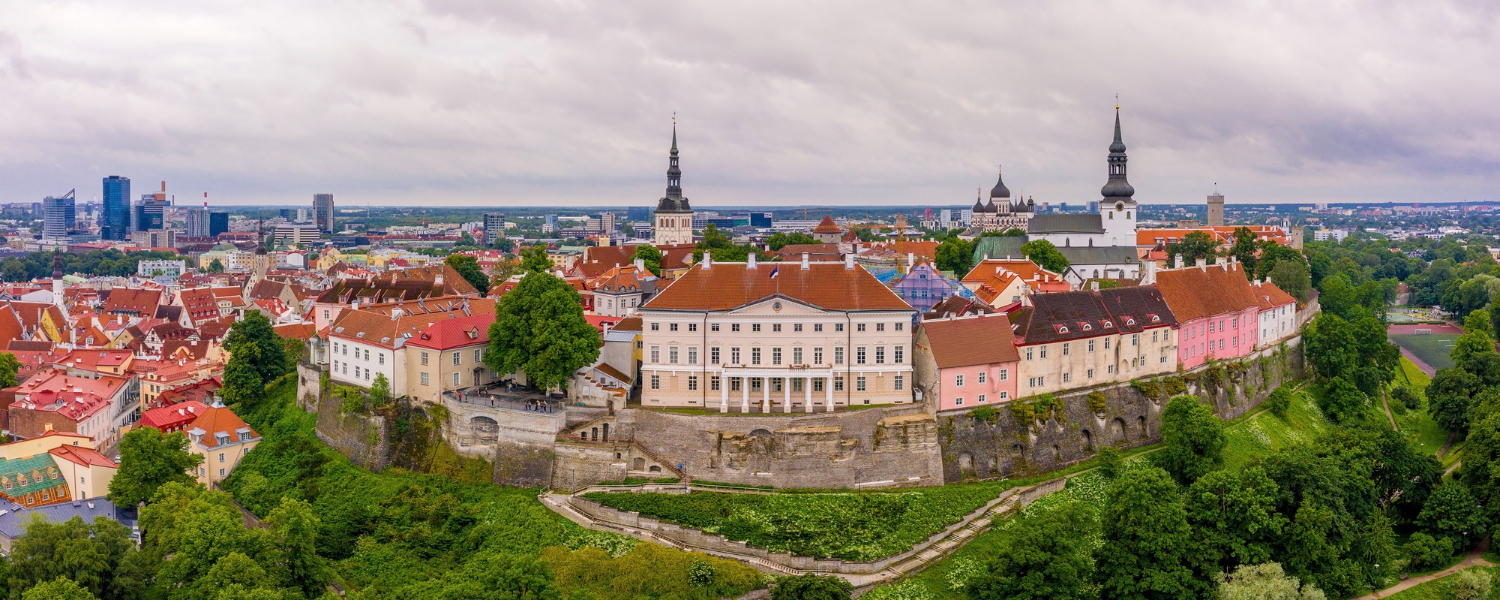 Panoramic view of a historic European town with red-roofed buildings, church spires, green trees, and a cloudy sky.